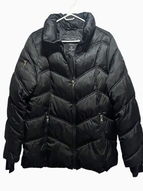 Nautica Women's Black Chevron Quilted Puffer Winter Jacket Size L